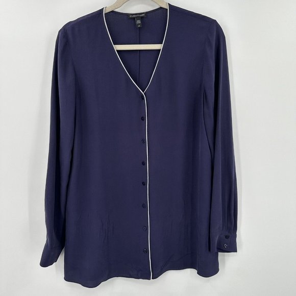 Eileen Fisher Purple Button Front White Trim 100% Silk Long Sleeve Blouse Sz S/P - Picture 1 of 5